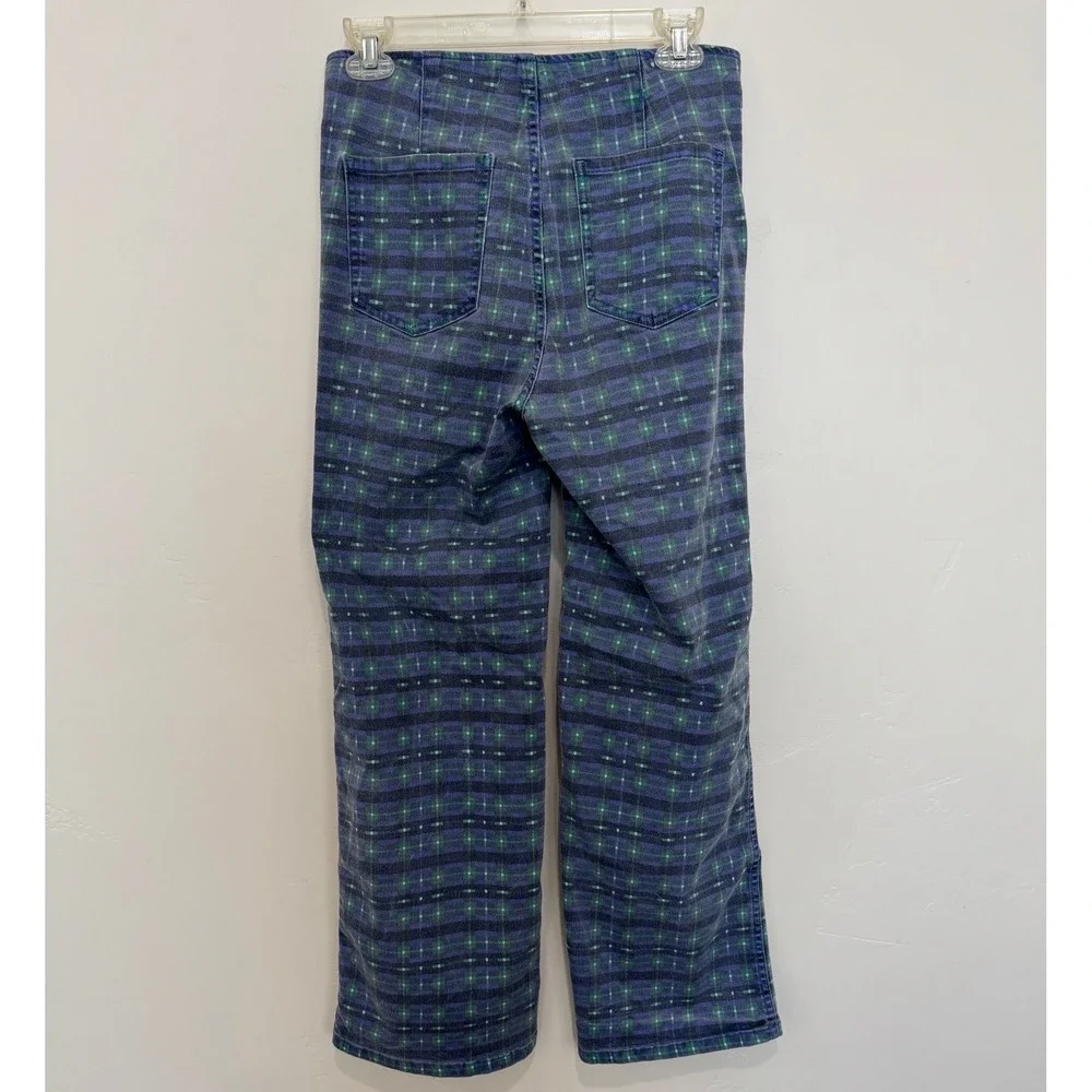 Free People Isla Print Straight Leg Jeans Retro Plaid Blue Green Size 29 Stretch